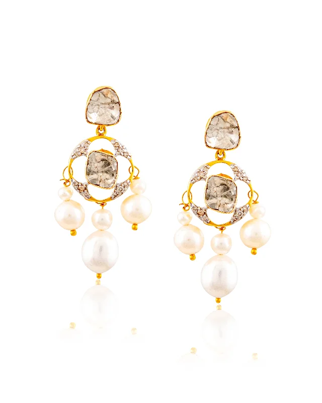 women's mixed metal earrings-Chandika Polki And Diamond Long Earrings