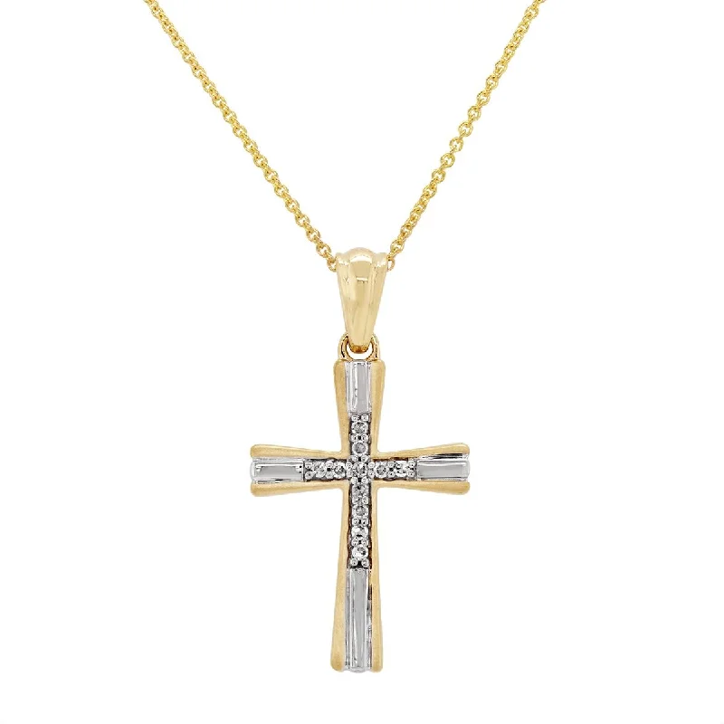 women's bridal pearl necklaces-TWO-TONE GOLD CROSS PENDANT NECKLACE WITH DIAMONDS, .05 CT TW