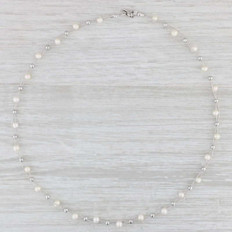 women's chakra necklaces-Pearl Bead Station Necklace 14k White Gold 15.5" 4mm Lobster Clasp