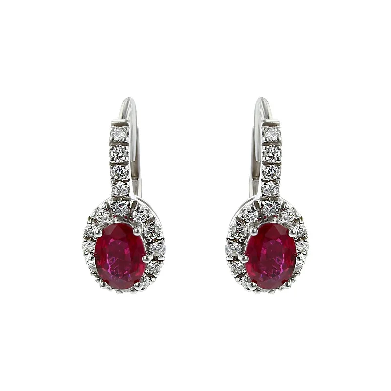 women's personalized earrings-14K White Gold Ruby and Diamond Halo Drop Earrings