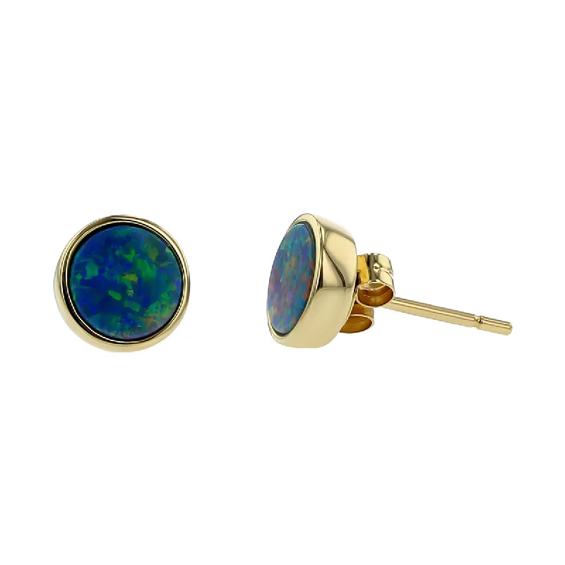 women's pearl drop earrings-14K Yellow Gold Black Opal Doublet Stud Earrings