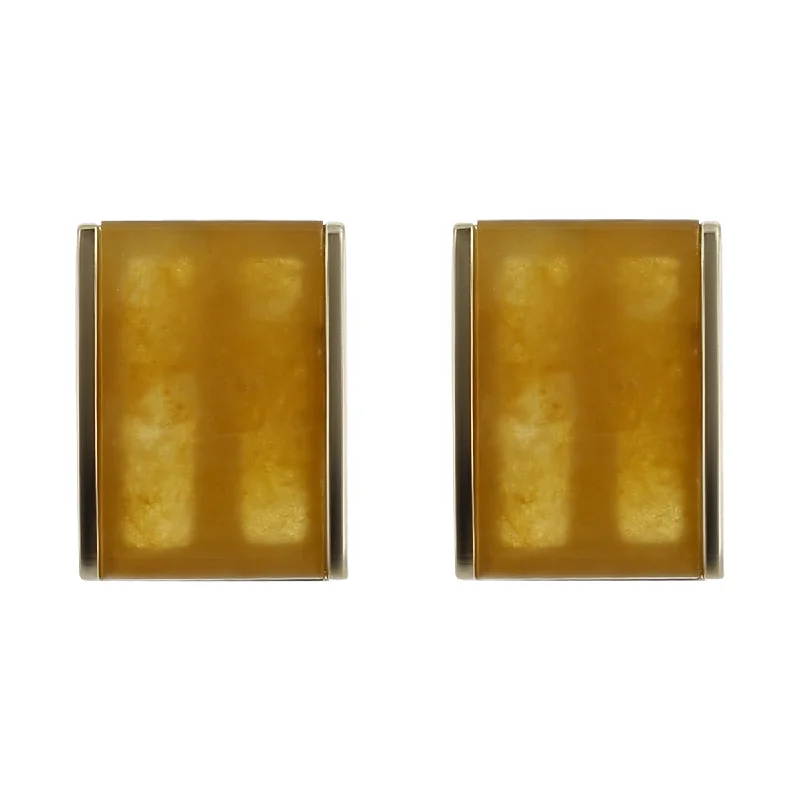 women's bridal earrings-14K Gold Rectangular Brown Jadeite Earrings