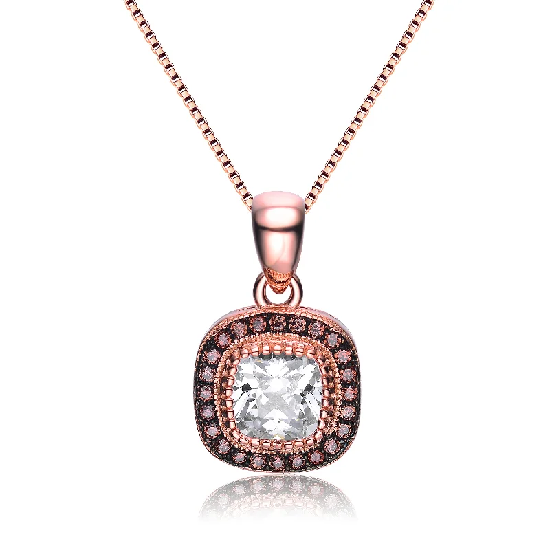 women's friendship necklaces-Sterling Silver 18k Rose Gold Plated with Clear Cubic Zirconia Antique Square Pendant Necklace