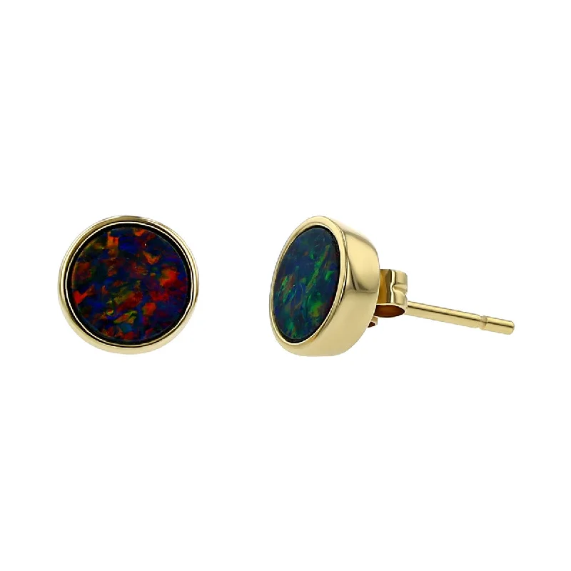 women's clip-on earrings-14K Yellow Gold Black Opal Stud Earrings