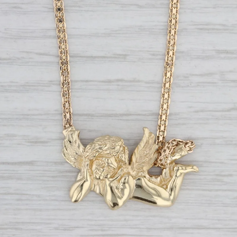 women's trendy necklaces-Guardian Angel Cherub Pendant Necklace 14k Yellow Gold 16.25" Bismarck Chain