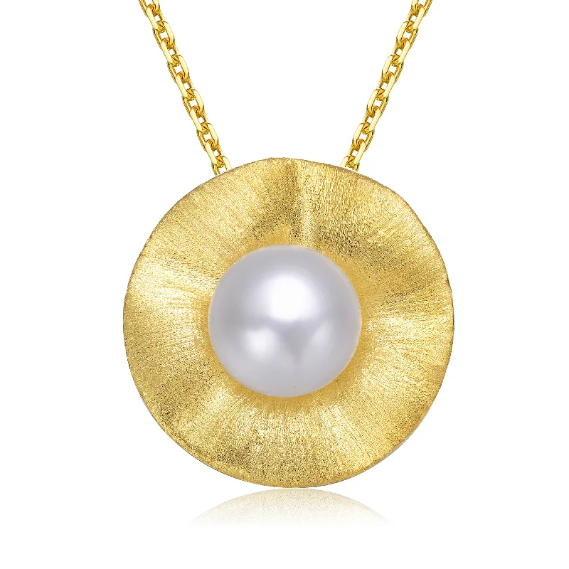 women's art deco necklaces-Sterling Silver Gold Plated with Genuine Freshwater Pearl Curvy Pendant Necklace