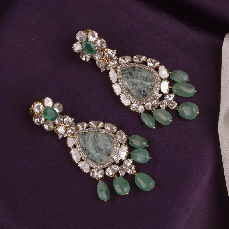 women's natural gemstone earrings-Leena Polki And Diamond Long Earrings