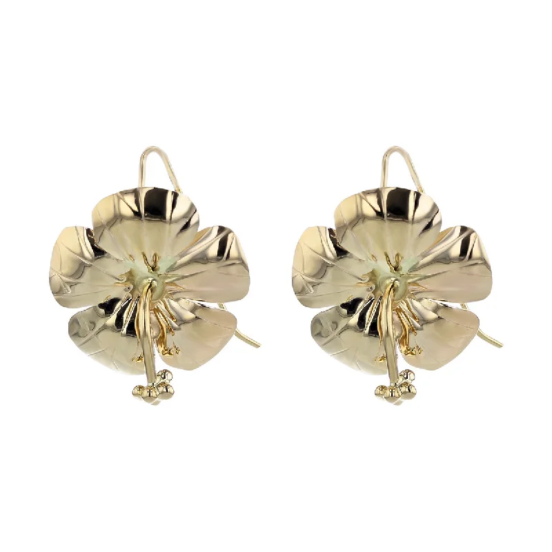 women's gold-plated earrings-14K Yellow Gold Flower Dangle Earrings