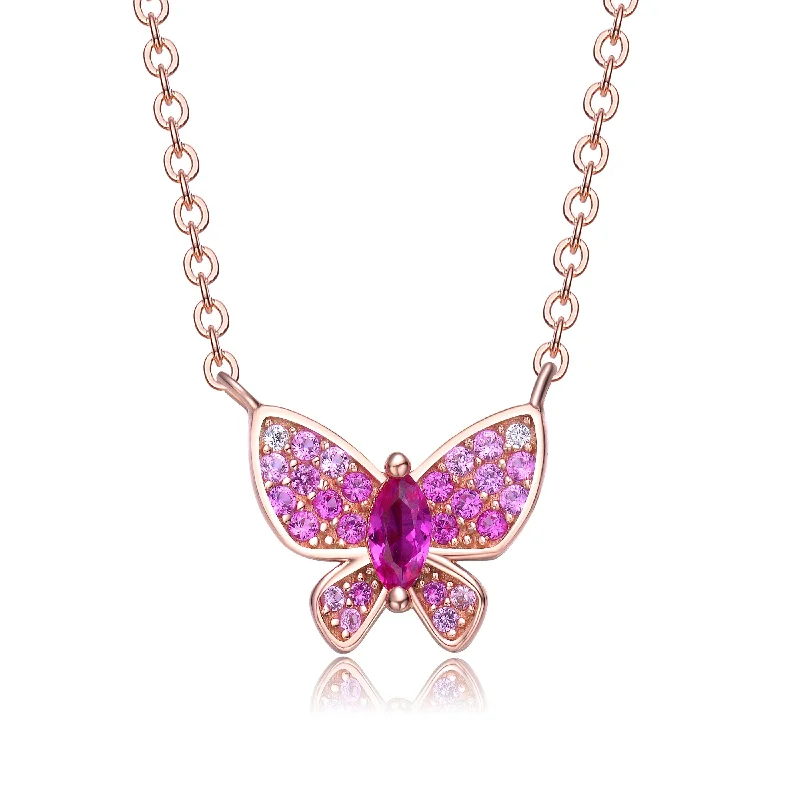 women's colorful gemstone necklaces-Sterling Silver 18k Rose Gold Plated with Ruby & Cubic Zirconia Pave Butterfly Pendant Layering Necklace