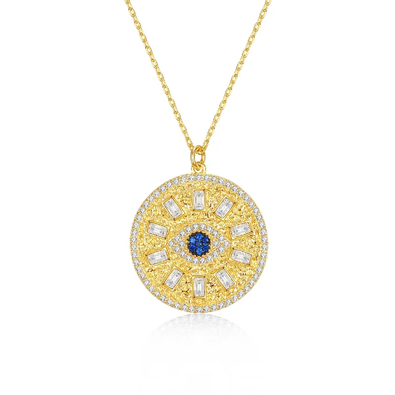 women's crystal necklaces-14k Gold Plated with Blue Sapphire & Cubic Zirconia Mandala Medallion Pendant Necklace