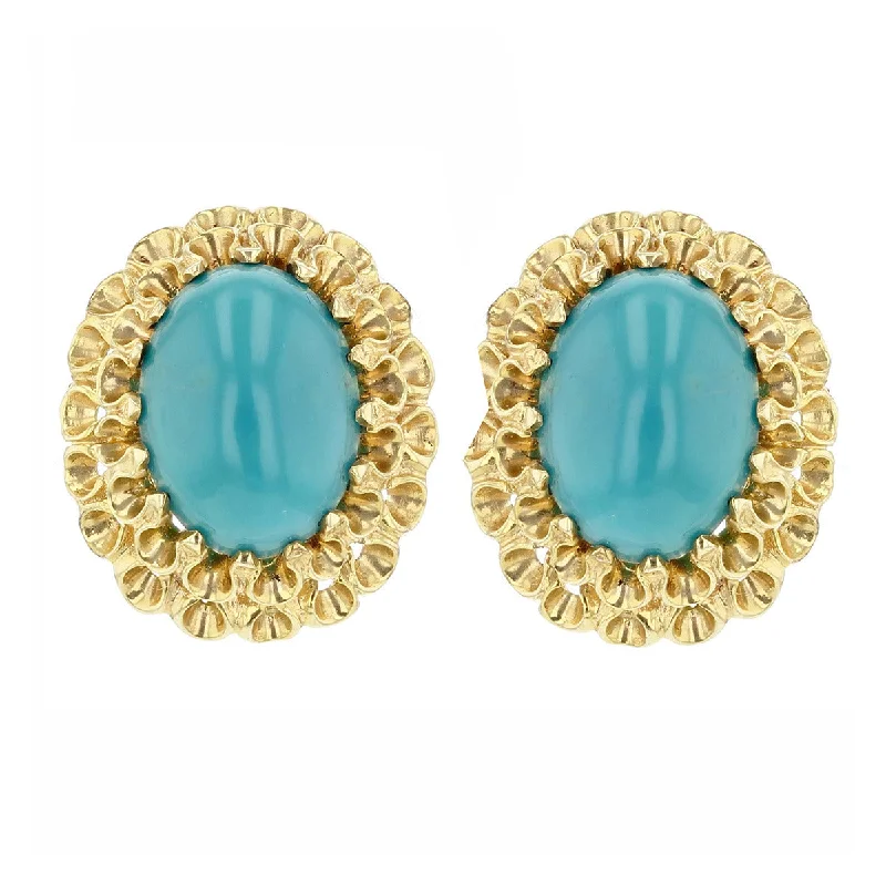 women's matching earrings sets-14K Yellow Gold Cabochon Turquoise Clip Earrings