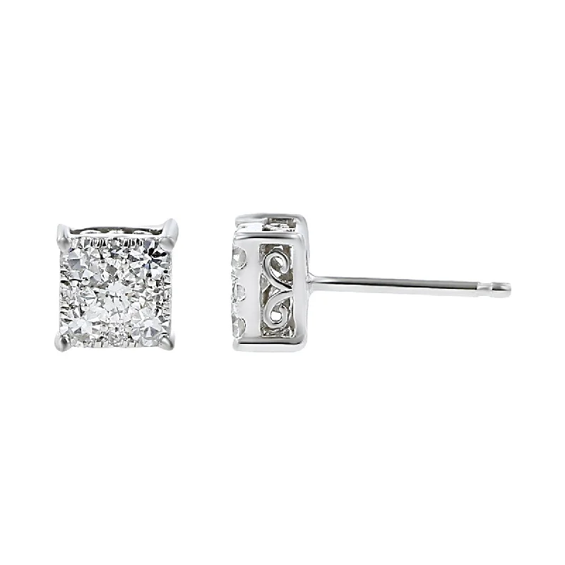 women's gold earrings-10K White Gold Square Diamond Cluster Earrings