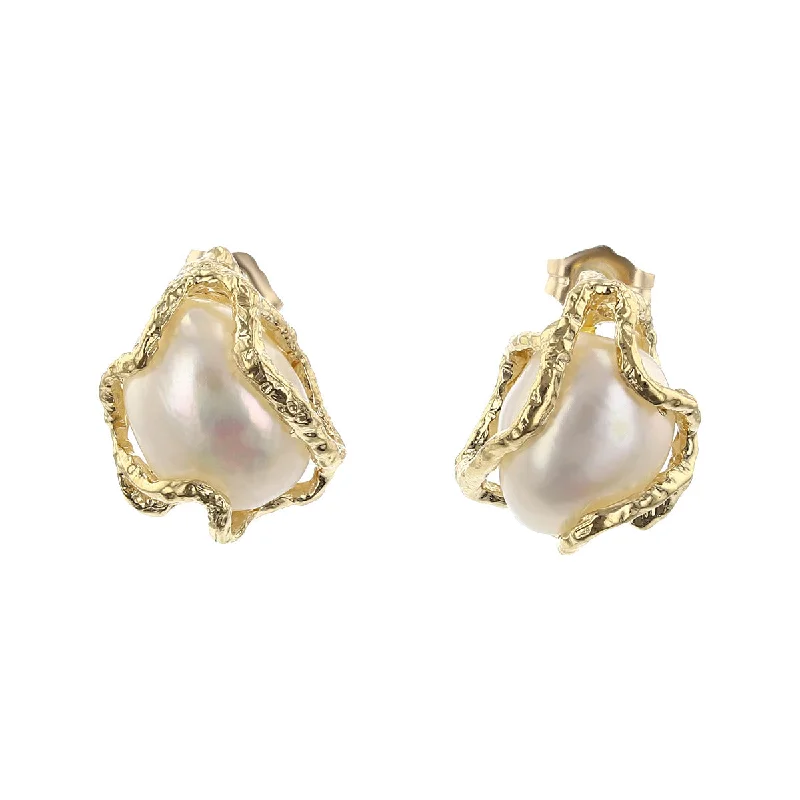 women's bold statement earrings-14K Yellow Gold Baroque Pearl Freeform Earrings