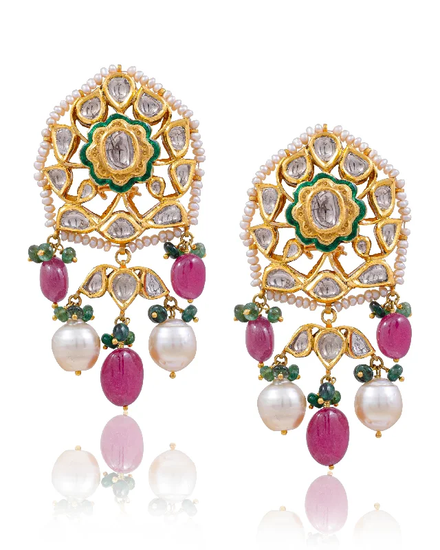 women's colorful earrings-Naazneen Jadau Polki Long Earrings