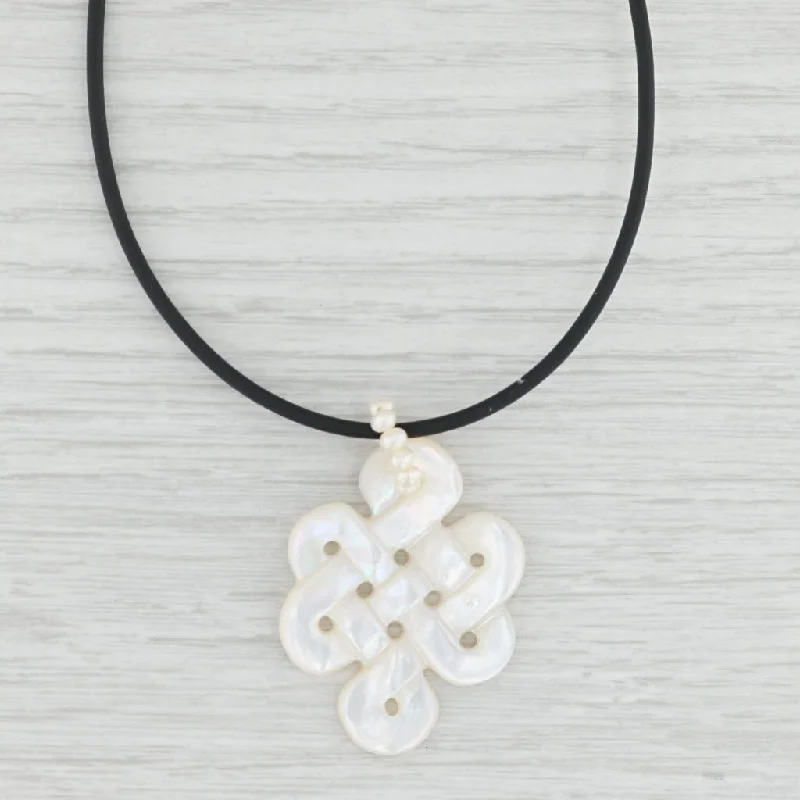 women's twisted gold necklaces-Mother of Pearl Celtic Knot Cultured Pearl Pendant 14k Gold Black Cord Necklace