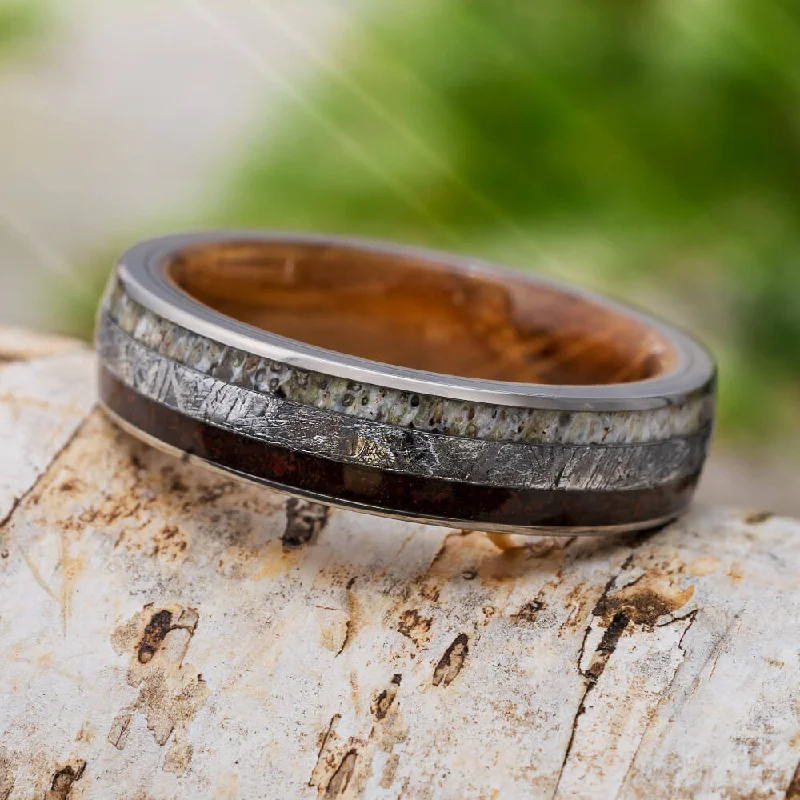 women's platinum rings-Meteorite and Dinosaur Bone Wedding Band with Whiskey Wood Sleeve