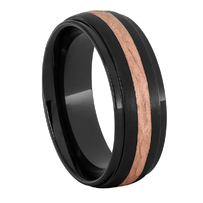 women's carved rings-Treebark Textured Rose Gold Inlaid in Black Ceramic