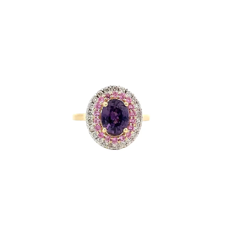 women's round engagement rings-Yellow Gold Multi Sapphire Diamond Ring