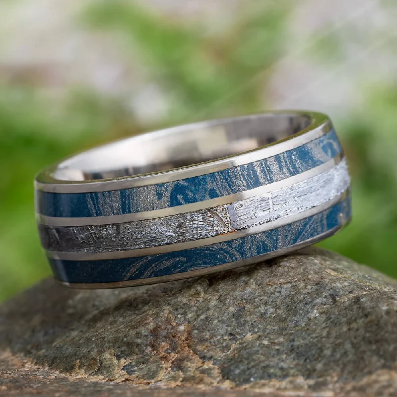 women's statement cocktail rings-Meteorite & Blue Mokume Gane Men's Wedding Band