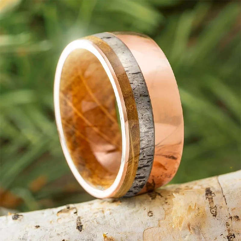 women's cubic zirconia rings-Rose Gold Men's Band With Antler & Whiskey Barrel Oak