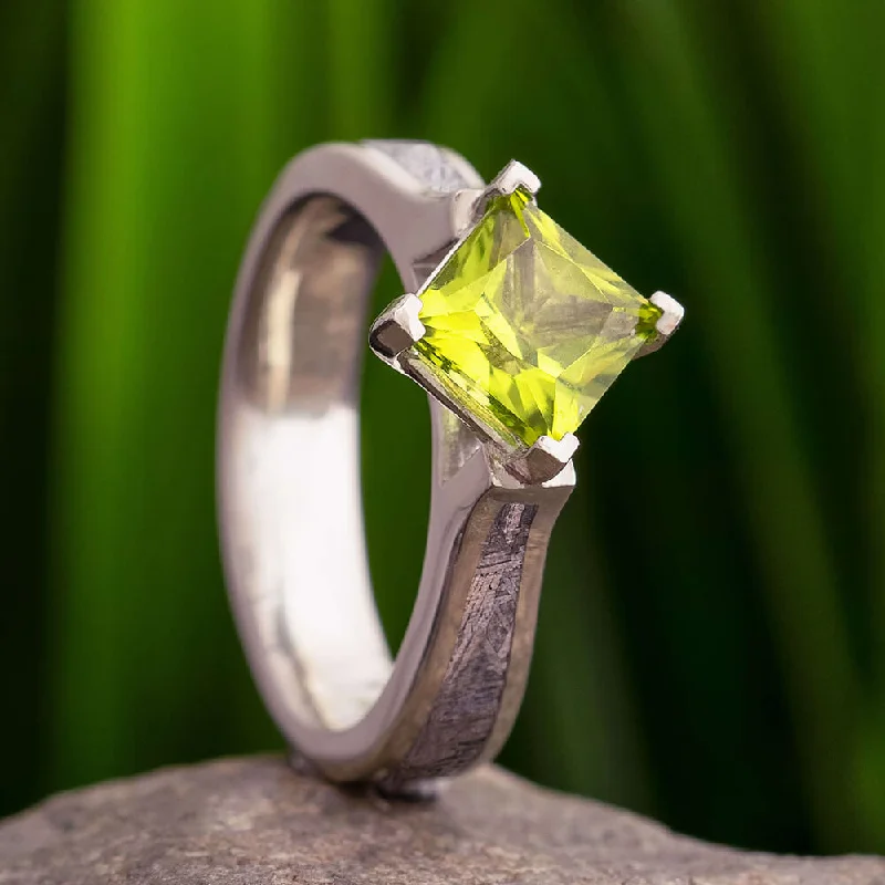 women's heirloom rings-Princess-Cut Peridot & Meteorite Engagement Ring