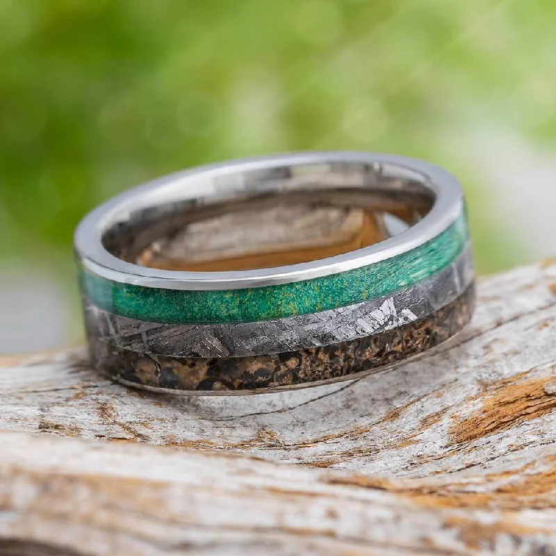 women's statement cocktail rings-Meteorite, Dinosaur Bone & Green Wood Ring