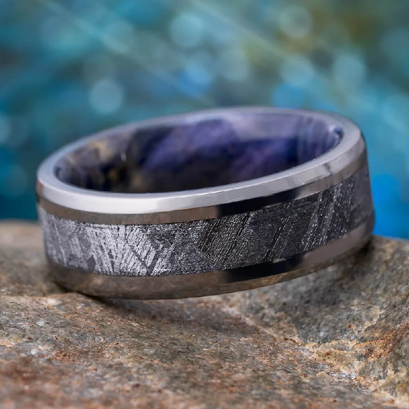 women's black diamond rings-Meteorite Men's Wedding Band With Purple Wood Sleeve