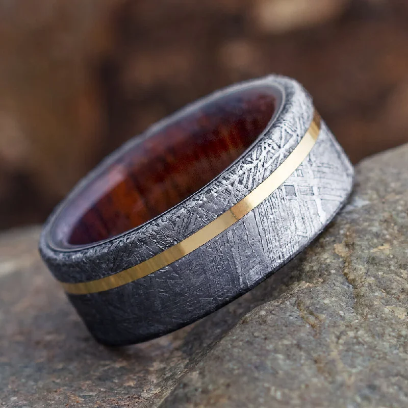 women's art deco rings-Meteorite Men's Wedding Band With Ironwood & Gold Pinstripe