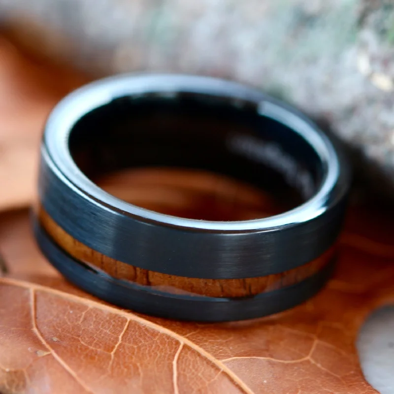 women's silver engagement rings-Black Tungsten Brown Koa Wood Ring - Unisex Engagement Wedding Band