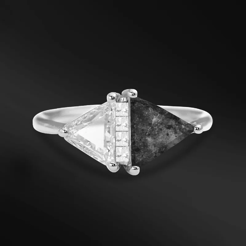 women's vintage-style engagement rings-Celestial - Duality Engagement Ring with Lunar Meteorite & Moissanite Triangle | Triangle Dual-Stone - D-Color, VVS1 Clarity