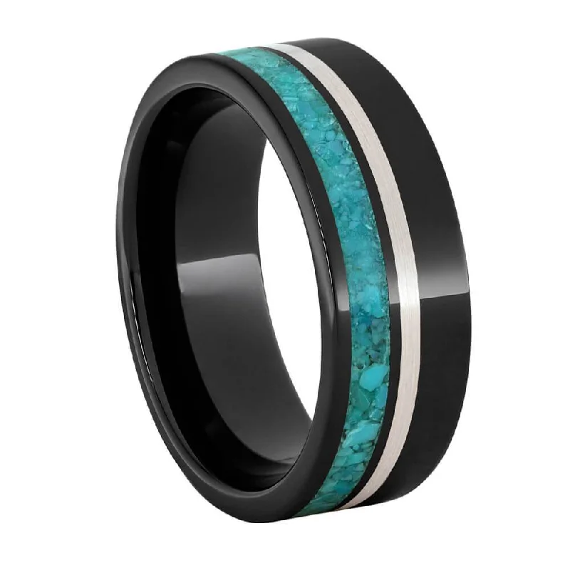 women's wedding ring bands-Southwestern Turquoise and Silver in Black Ceramic Ring