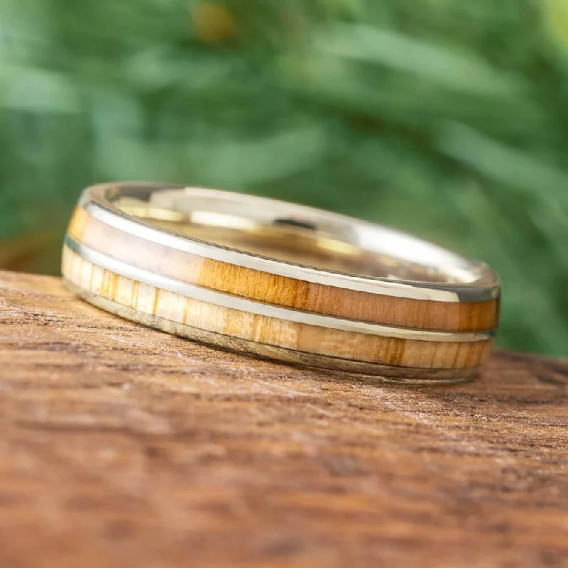 women's platinum rings-White Gold Wedding Band with Oak and Olive Wood