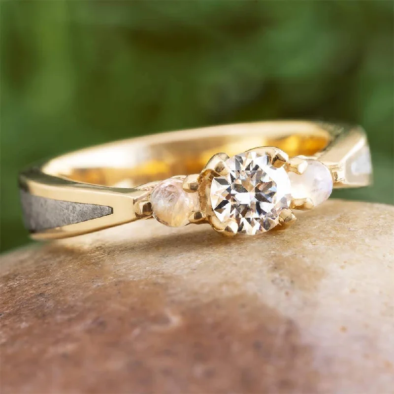 women's halo rings-Moonstone & Moissanite Engagement Ring in Yellow Gold