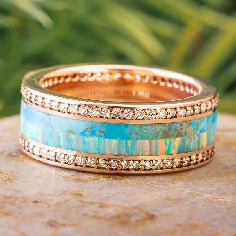 women's platinum wedding bands-Rose Gold Eternity Band with Turquoise and Opal