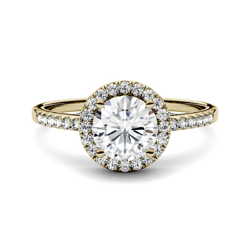 women's silver stacking rings-Charles & Colvard Moissanite Halo Engagement Ring in Yellow Gold