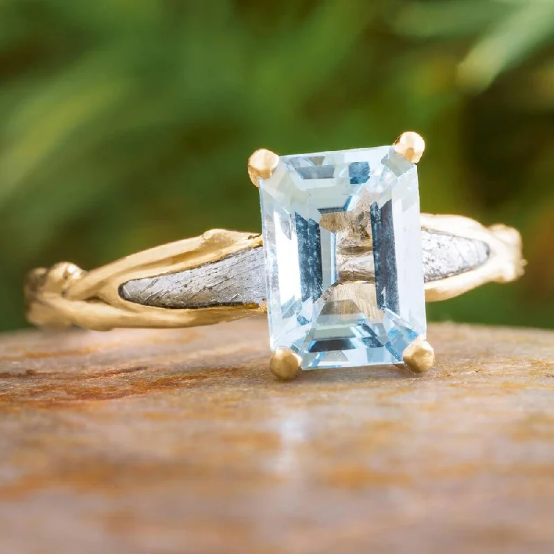 women's colorful rings-Aquamarine Engagement Ring in Yellow Gold With Meteorite