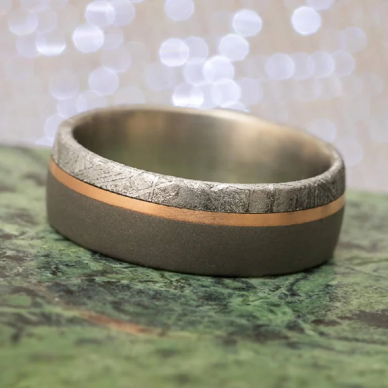 women's silver rings-Meteorite & Sandblasted Titanium Ring With Gold Pinstripe