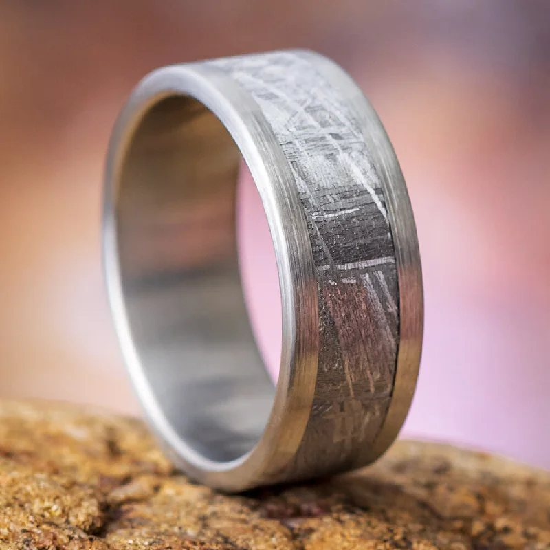 women's rose gold wedding bands-Wide Titanium Men's Wedding Band With Authentic Meteorite