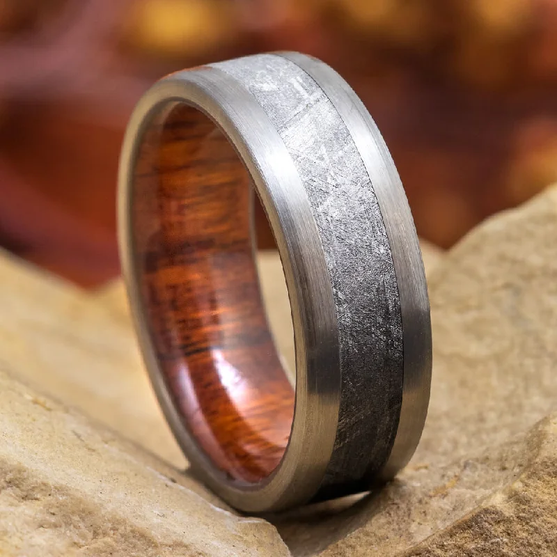 women's personalized rings-Meteorite Ring with Ironwood Sleeve and Titanium Edges