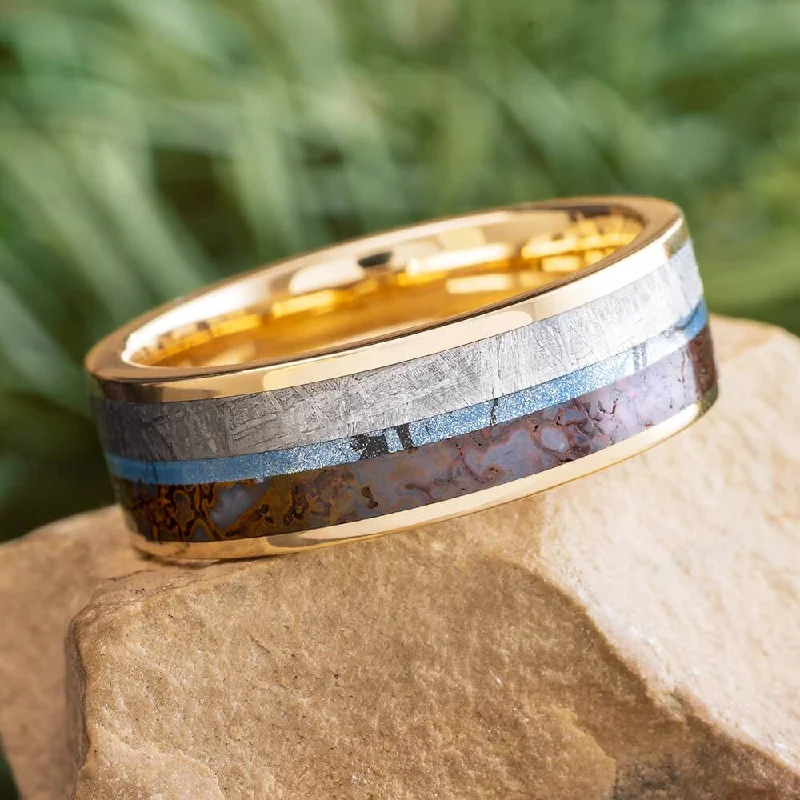 women's wedding rings-Meteorite & Dino Bone Wedding Band in Yellow Gold