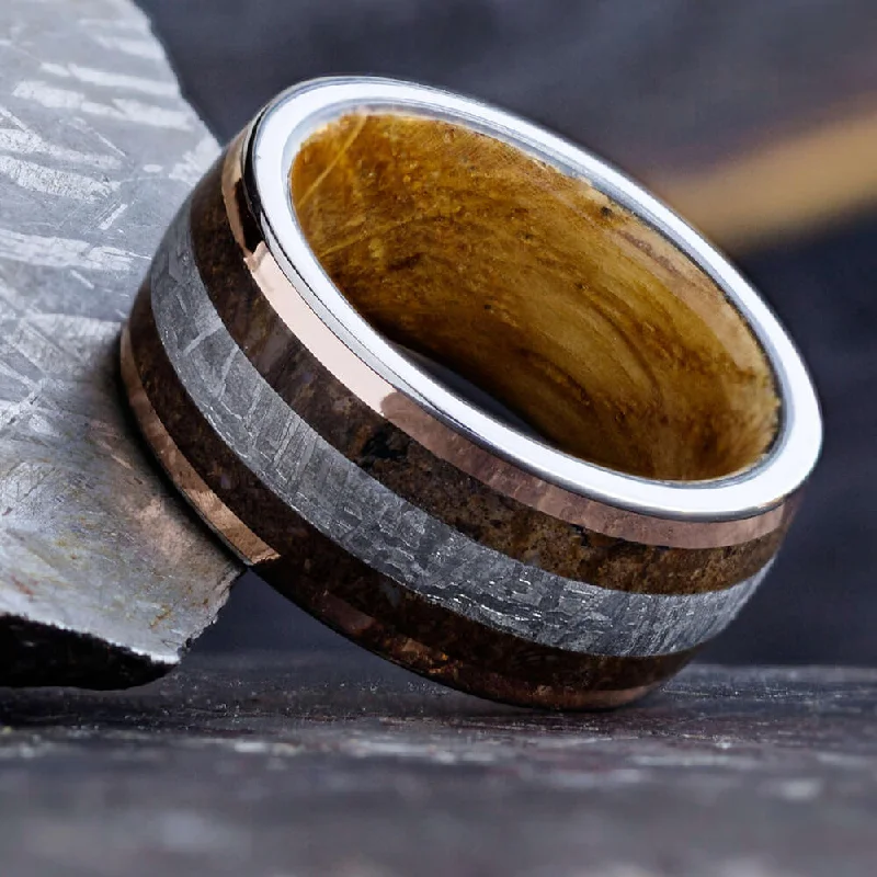 women's heart-shaped engagement rings-Meteorite Men's Wedding Band With Whiskey Oak Sleeve & Gold Pinstripes