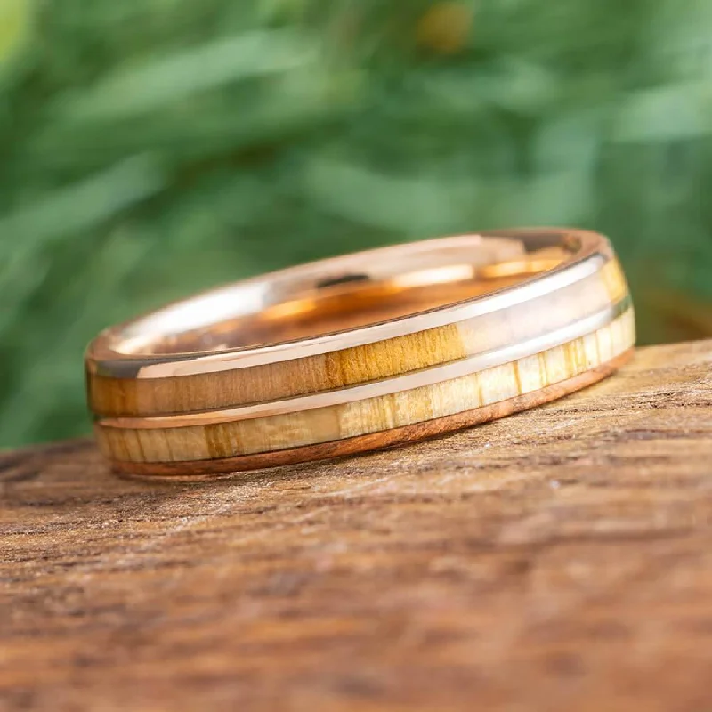 women's vintage rings-Oak and Olive Wood Wedding Band in 14k Rose Gold