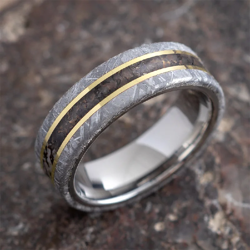 women's round-cut rings-Meteorite and Dinosaur Bone Ring with Gold Pinstripes