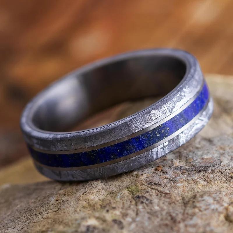 women's wide ring bands-Lapis Lazuli Men's Wedding Band With Meteorite Edges