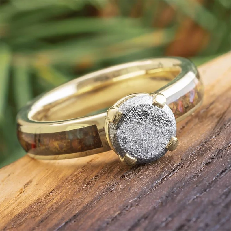 women's oval-cut rings-Meteorite Solitaire with Dino Bone in White Gold