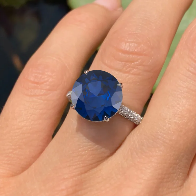 women's colorful gemstone engagement rings-6 Carat Round Shape Hidden Halo Blue Sapphire Engagement Ring