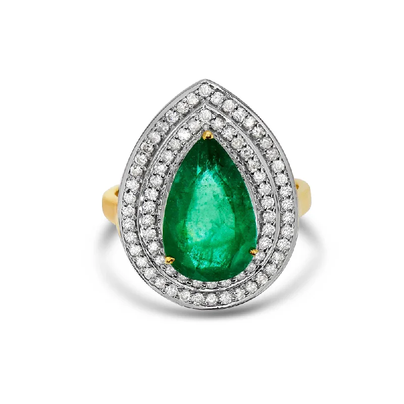 women's wedding engagement diamond rings-Pear Shape Emerald & Double Diamond Halo Engagement Ring (4.60 ct.) in 14K Gold