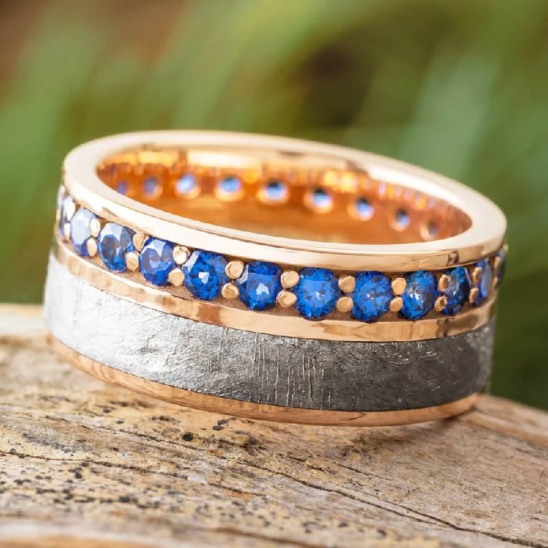 women's vintage wedding bands-Rose Gold Eternity Band with Blue Sapphire and Meteorite