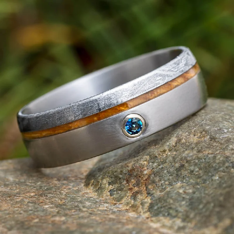 women's opal rings-Alexandrite Men's Wedding Band With Meteorite And Whiskey Barrel Wood