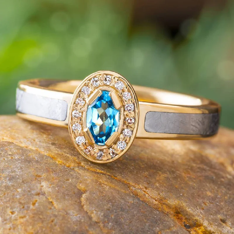 women's alternative engagement rings-Yellow Gold Engagement Ring with Meteorite and Topaz